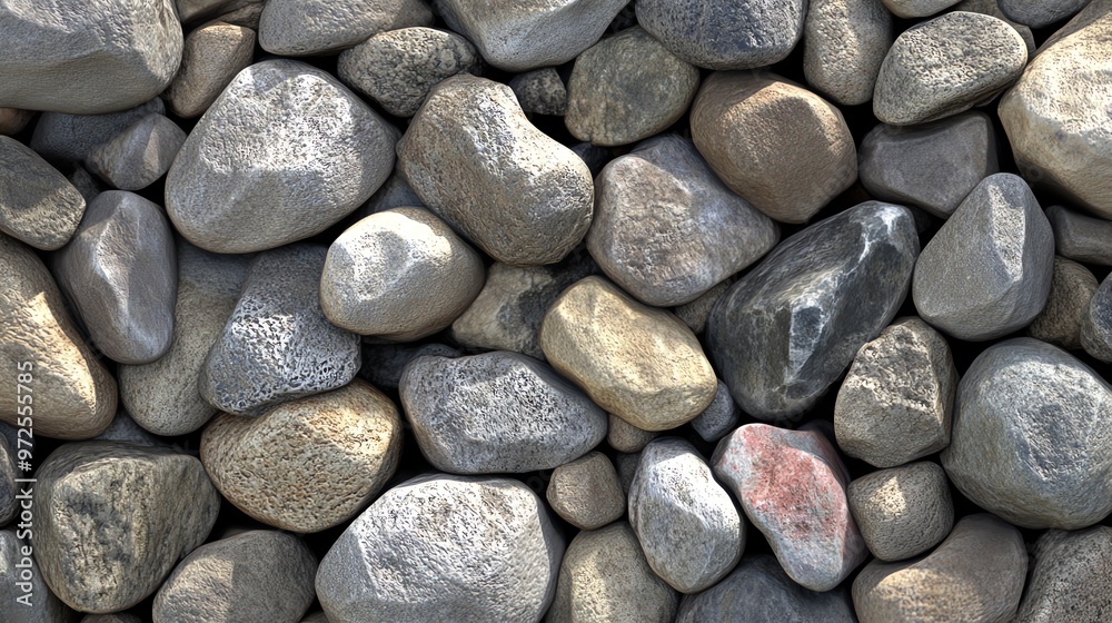 Close up of a large pile of smooth, gray, white, and brown stones. Close up of a large pile of smooth, gray, white, and brown stones.