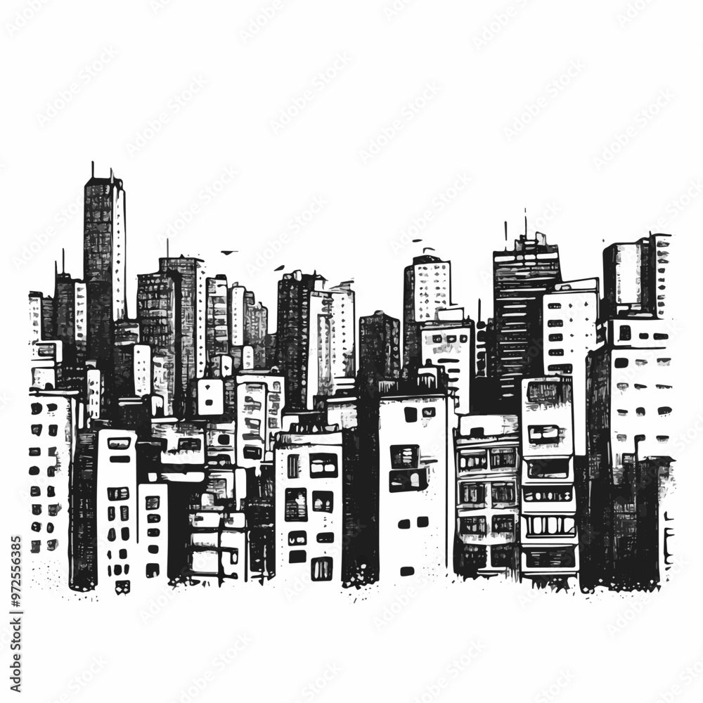 Hong Kong Urban Skyline Illustration in Black and White