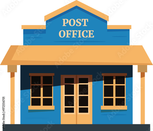 Cartoon illustration featuring a blue and yellow building with a sign reading post office, evoking the architectural style of a classic wild west saloon