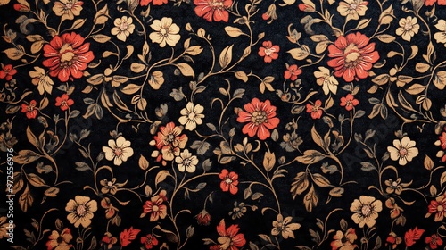 Vintage floral pattern with red and cream flowers on a black background.