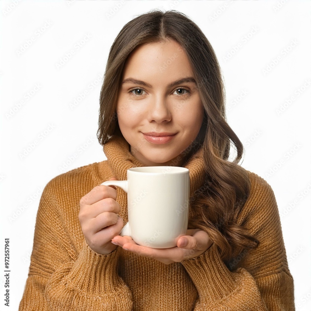 Girl in sweater holding white coffee mug Girl in sweater holding white coffee mug