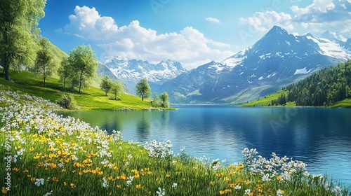 Mountainous lake scenery with vivid green meadows, blooming flowers, tranquil blue lake, and majestic mountain backdrop.