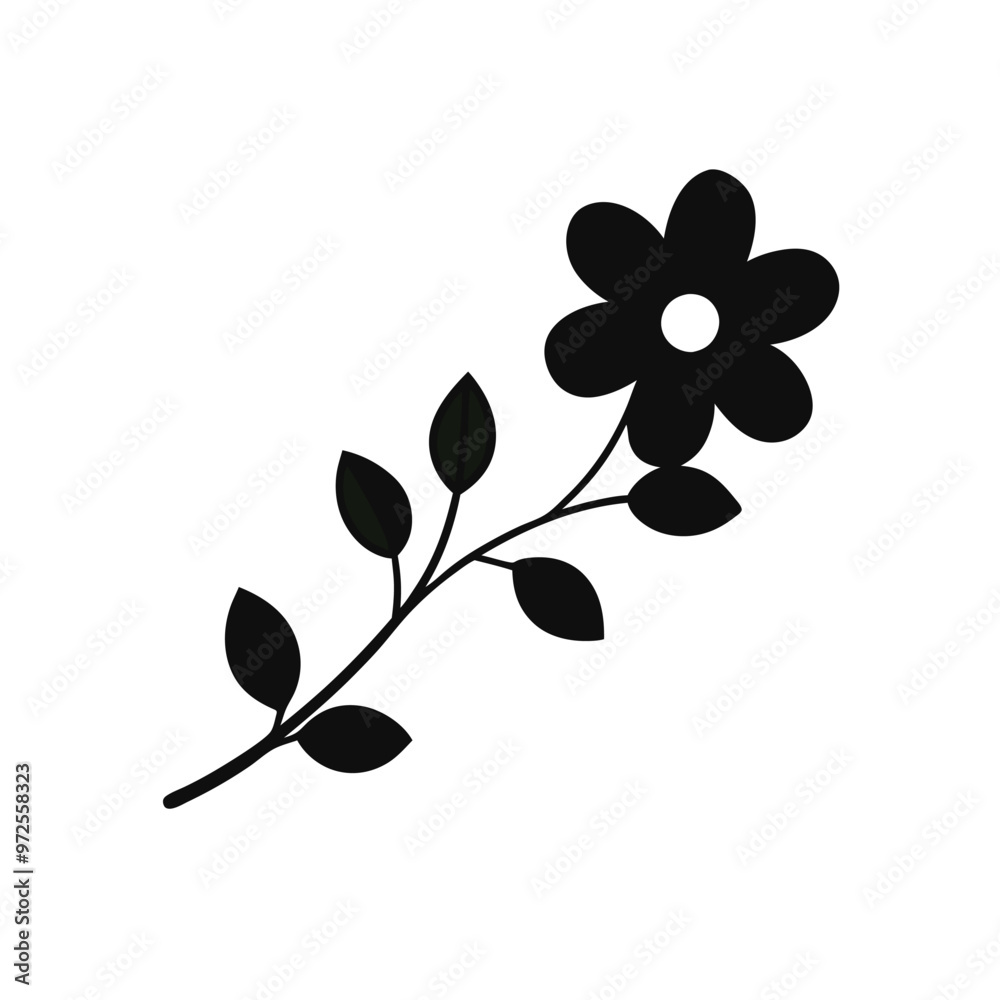 a cute flower branch with leaves, vector silhouette, isolated white background 
