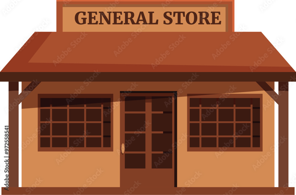 Classic general store front view with wooden porch and large windows Classic general store front view with wooden porch and large windows