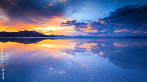 Photographer captures a captivating sunset scene at a salt lake, where blue skies and clouds mirror in the reflective waters. They utilize a tripod and DSLR camera for optimal image quality. photo