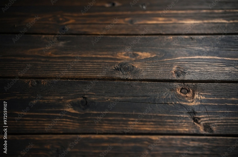 Fototapeta premium A close-up view of a dark table made of wood planks arranged horizontally. The surface of the table is aged and textured, with natural wood grain patterns. Grunge wooden background.