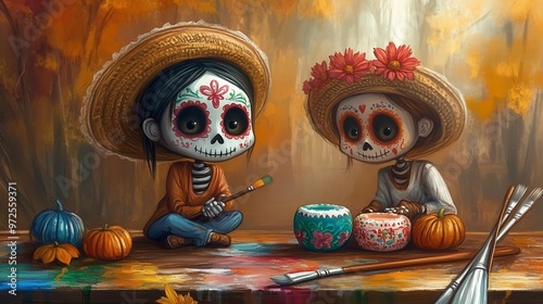 Day of the Dead Mexico Celebration with Chibi Characters. Halloween Concept.