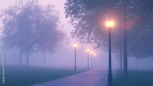 A serene, foggy scene of a park path illuminated by warm street lamps, creating a calm and mysterious atmosphere.