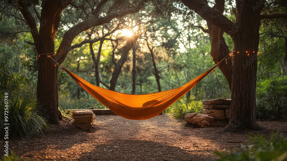 A hammock is strung between trees, offering a relaxing camping experience in the middle of the forest. A hammock is strung between trees, offering a relaxing camping experience in the middle of the forest.