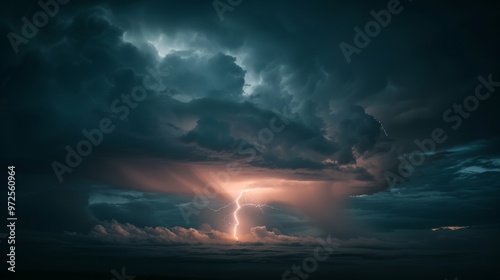 A lightning bolt illuminates the horizon, with its bright flash momentarily piercing through thick storm clouds and creating a dramatic scene. Close-up photo with clean background