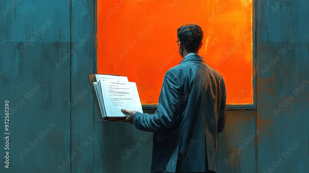 A job seeker enters the interview room with a portfolio in hand, ready to present their qualifications.