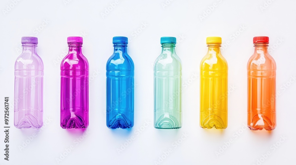 A lineup of clear plastic bottles in six rows, each bottle in a different color, creating a striking and organized visual. A lineup of clear plastic bottles in six rows, each bottle in a different color, creating a striking and organized visual.