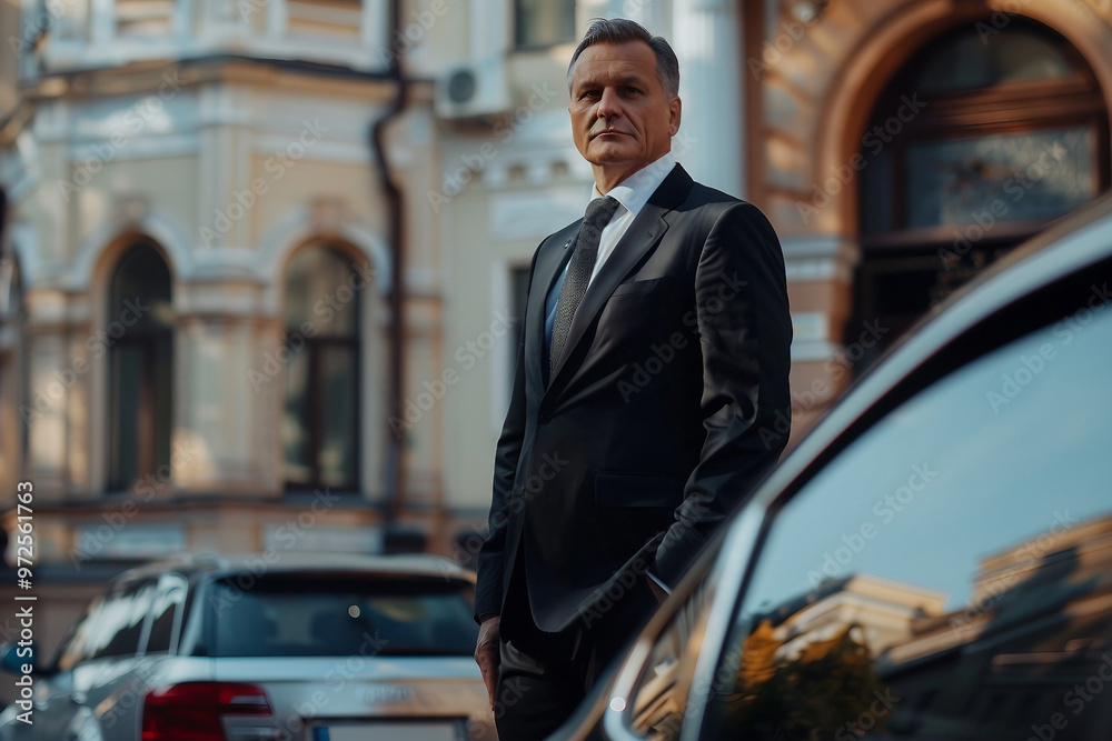 Businessman in a suit is sitting in the seat of a car generative AI Businessman in a suit is sitting in the seat of a car generative AI
