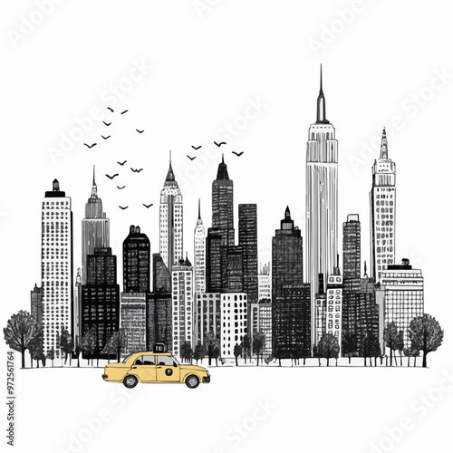 New York Urban Skyline with Yellow Cab. Hand-drawn black and white illustration.