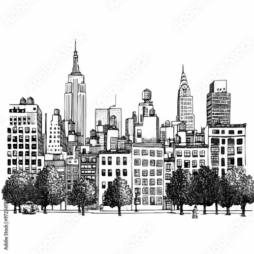 New York Urban Skyline with Yellow Cab. Hand-drawn black and white illustration.
