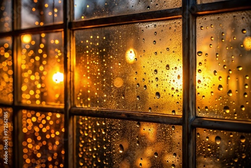 Droplets of rain slide down a steamy windowpane, blurring the outside world, as warm golden light from inside photo