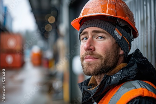 caucasian man worker with safety vest and hard hat, closeup