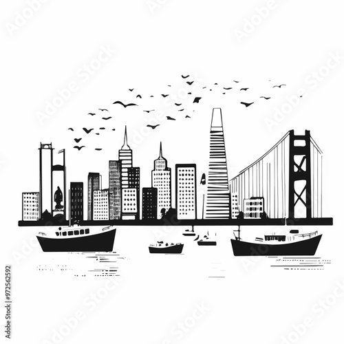 Urban San Francisco Skyline with Iconic Buildings and Bridge - Black and White Illustration