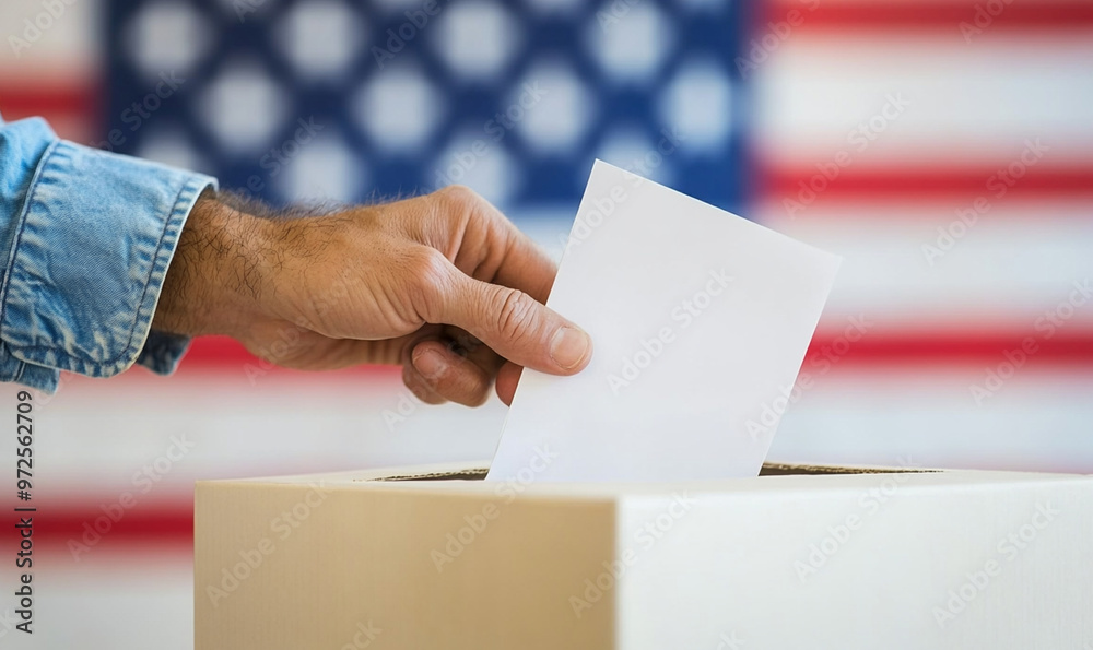 A person placing ballot into box with U.S. flag in background, symbolizing democratic voting process A person placing ballot into box with U.S. flag in background, symbolizing democratic voting process