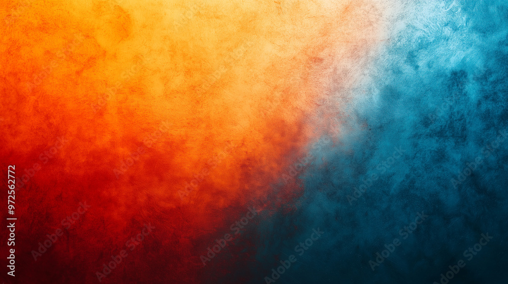 Fototapeta premium Vibrant gradient blending deep blue and fiery orange, fading into each other, with subtle noise texture, with copy space