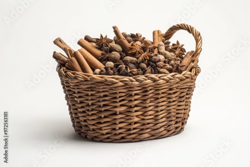 a woven basket overflowing with an assortment of natural herbal spices, including dried star anise, cinnamon sticks, and whole cardamom, set against a warm, earthy background photo