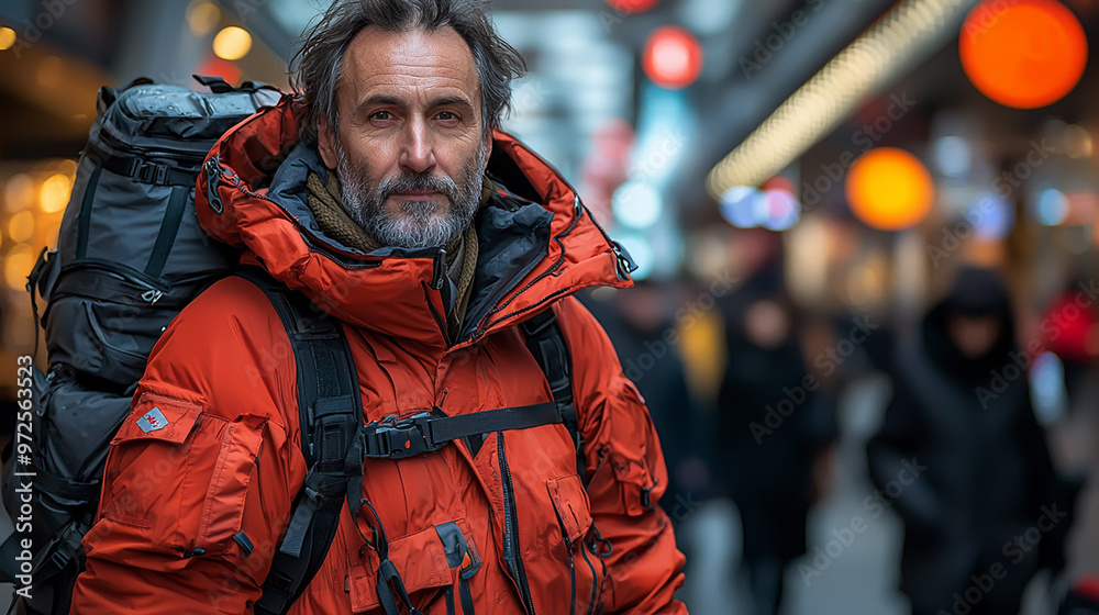 Fototapeta premium Outdoor Enthusiast in Vibrant Winter Gear Exploring Urban Environment