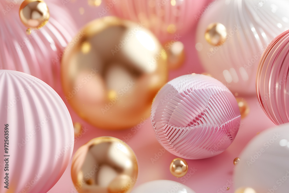 Fototapeta premium 3d art background with pink waves, shapes and balls