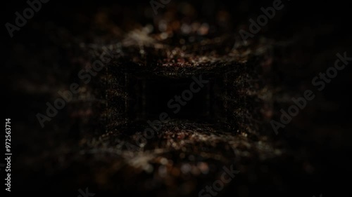 camera movement through dark gloomy tunnel with texture. 3d render. looped animation