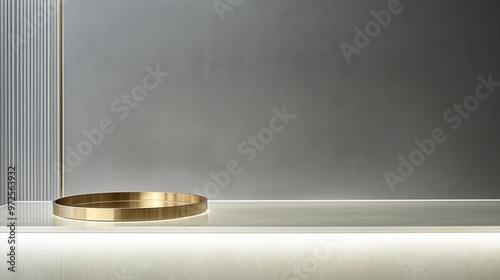 The polished gold surface of a minimalistic tray table shines brightly, set in front of a transparent vertical reeded glass panel. A light gray wall adds depth and neutrality, allowing the product's
