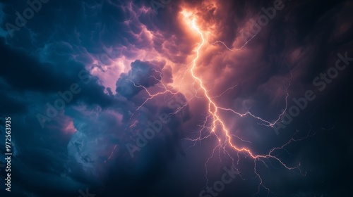 A lightning bolt illuminates the horizon, with its bright flash momentarily piercing through thick storm clouds and creating a dramatic scene. Close-up photo with clean background