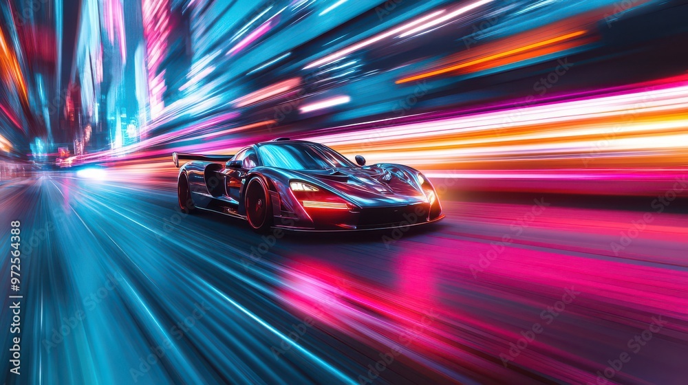 Neon lights blur around the fast car as it drives through the city at breakneck speeds