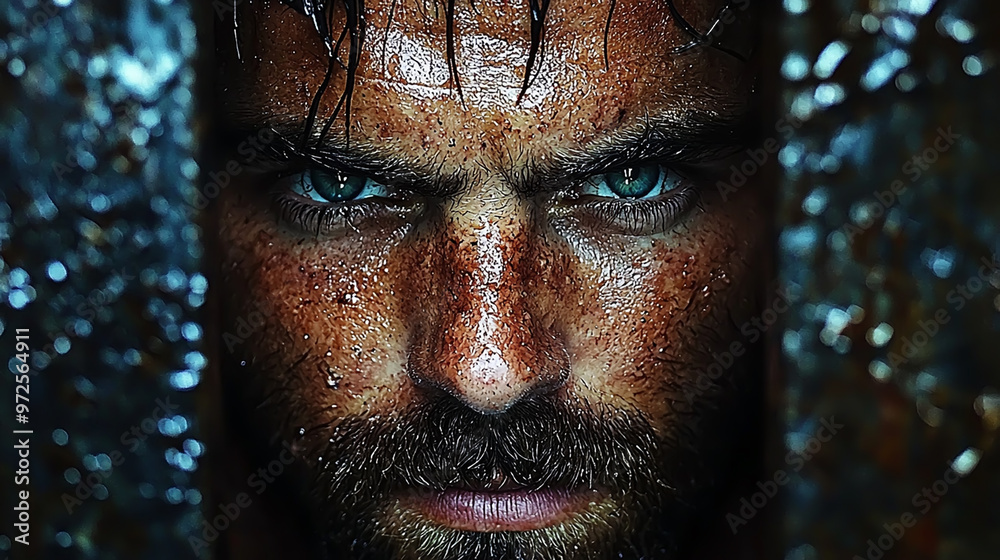 Intense Stare of Bearded Man with Wet Face and Piercing Blue Eyes - Extreme Close-Up Portrait Intense Stare of Bearded Man with Wet Face and Piercing Blue Eyes - Extreme Close-Up Portrait