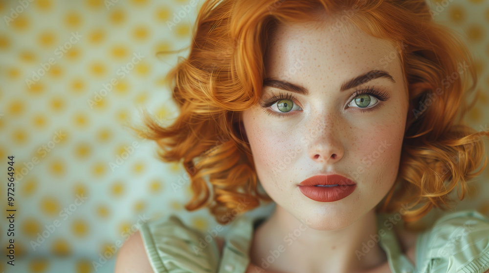 Close-up Portrait of a Woman with Red Hair and Green Eyes in vintage background polkadot yellow wallpaper
Close-up Portrait of a Woman with Red Hair and Green Eyes in vintage background polkadot yellow wallpaper