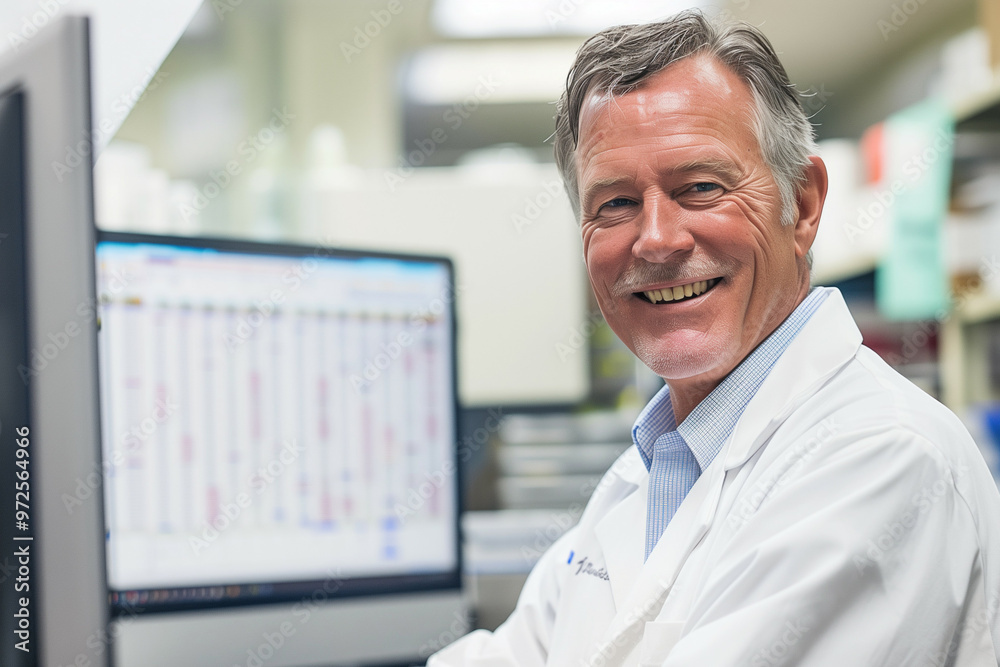 Smiling Middle-Aged Male Scientist in Lab Coat Reviewing Data on Computer Monitor in Laboratory Setting Smiling Middle-Aged Male Scientist in Lab Coat Reviewing Data on Computer Monitor in Laboratory Setting