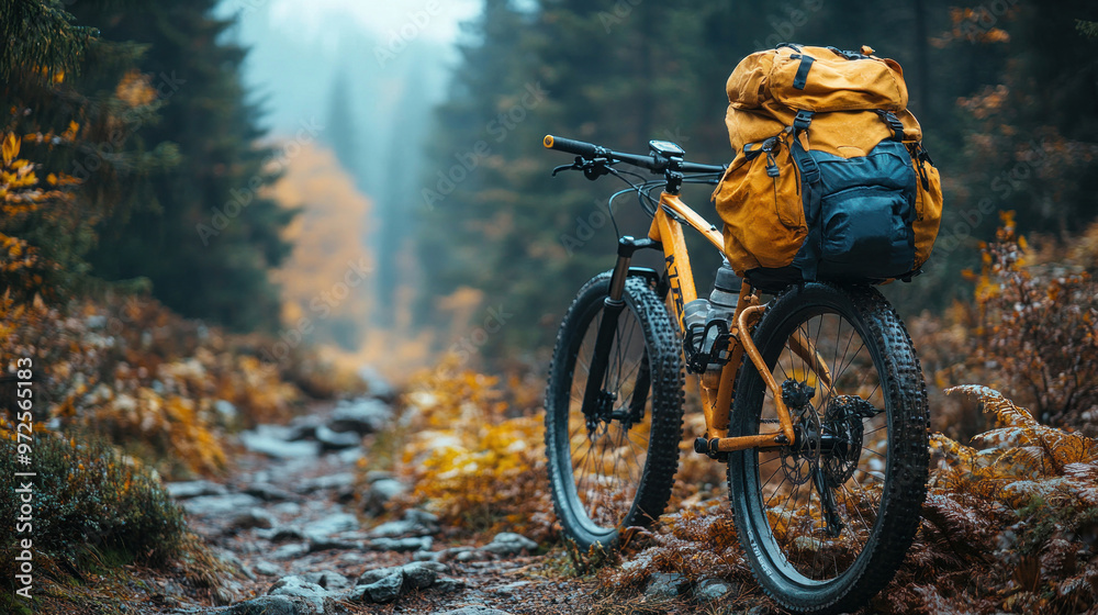 A set of mountain biking gear, including a hydration pack and gloves, sits by the trail. A set of mountain biking gear, including a hydration pack and gloves, sits by the trail.