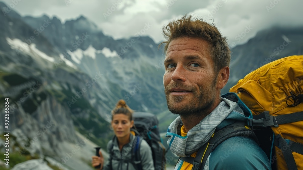 traveler, caucasian man and woman hiking on mountain, active lifestyle, freedom traveler, caucasian man and woman hiking on mountain, active lifestyle, freedom