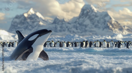 Morth pole region, a daring penguin comes face-to-face with a massive orca, moment of connection between these two iconic animals. photo