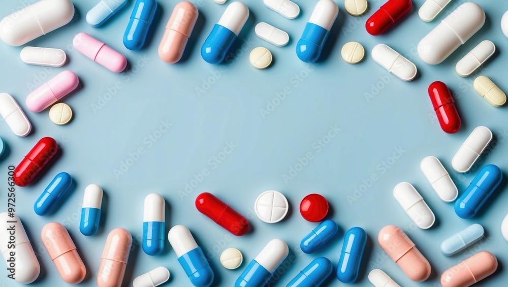 High-resolution, horizontal layout image featuring a variety of pills and capsules scattered on a light blue background. High-resolution, horizontal layout image featuring a variety of pills and capsules scattered on a light blue background.
