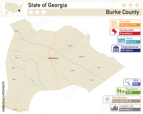 Detailed infographic and map of Burke County in Georgia USA.