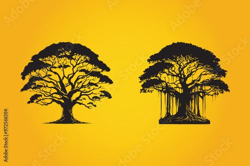 Banyan Tree Silhouette black. white background set