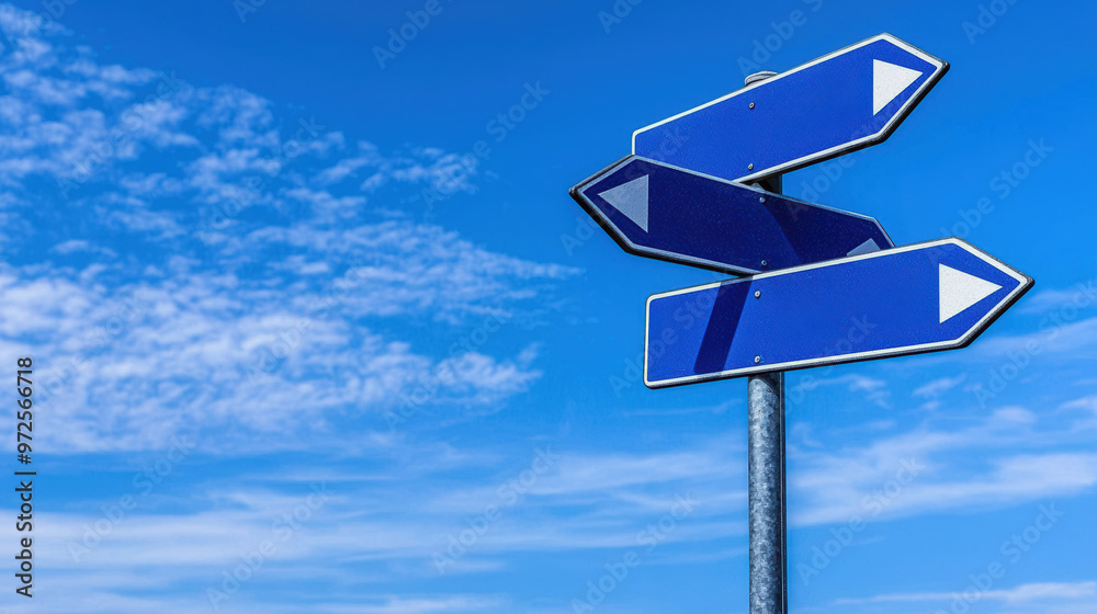 A clear blue sky serves as a backdrop for blue directional signs indicating multiple paths. Perfect for travel and navigation themes. A clear blue sky serves as a backdrop for blue directional signs indicating multiple paths. Perfect for travel and navigation themes.