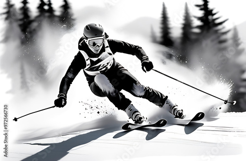 The black and white logo of a skier is an extreme sport. Winter illustration. Print, screensaver, desktop wallpaper, photo wallpaper, cover. Vertical picture. High-quality photos