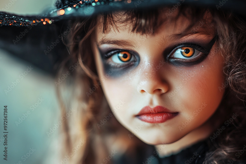 AI generated portrait of smiling child in witch costume for Halloween