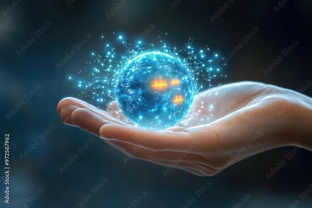 A hand holding a glowing hologram of a miniature Earth with rising temperature indicators. A hand holding a glowing hologram of a miniature Earth with rising temperature indicators.