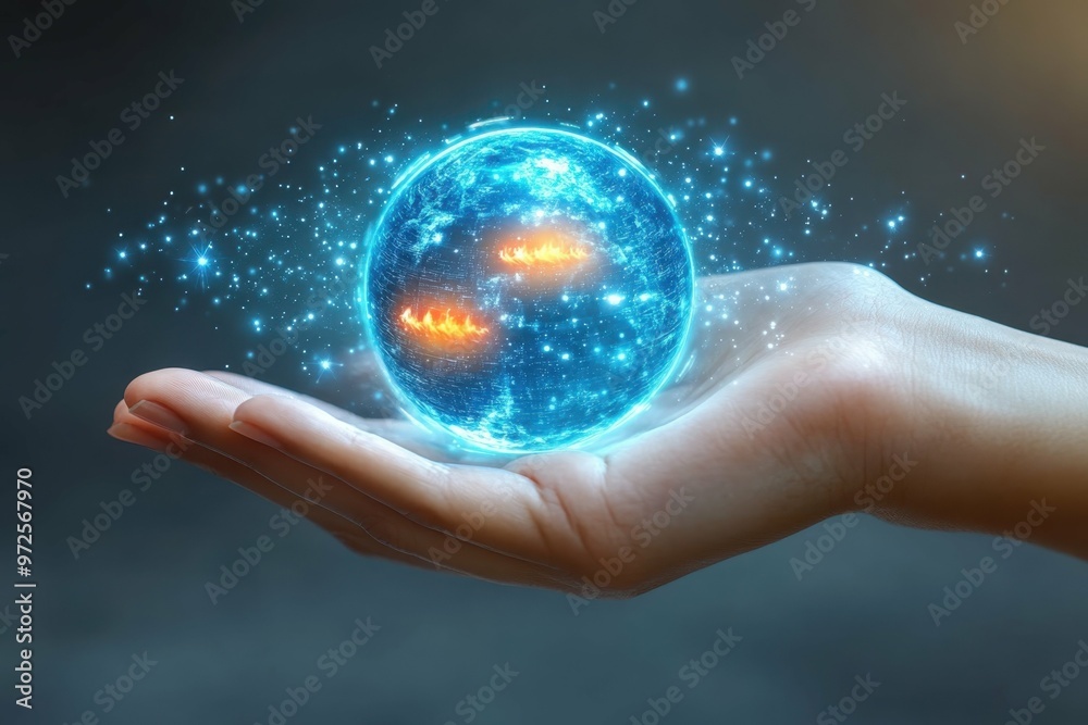 A hand holding a glowing hologram of a miniature Earth with rising temperature indicators. A hand holding a glowing hologram of a miniature Earth with rising temperature indicators.