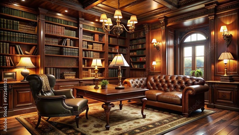 Elegant, dimly lit study with rich wood paneling, leather-bound books, and ornate furnishings, evoking a sense of Elegant, dimly lit study with rich wood paneling, leather-bound books, and ornate furnishings, evoking a sense of
