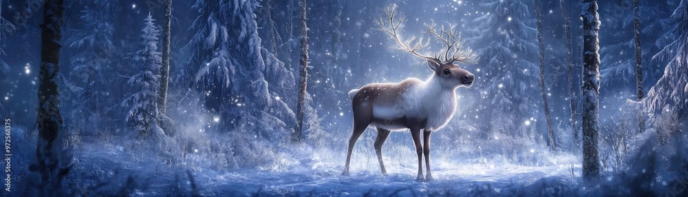 A majestic reindeer stands in a snow-covered forest, surrounded by frost-laden trees in a serene winter landscape. A majestic reindeer stands in a snow-covered forest, surrounded by frost-laden trees in a serene winter landscape.