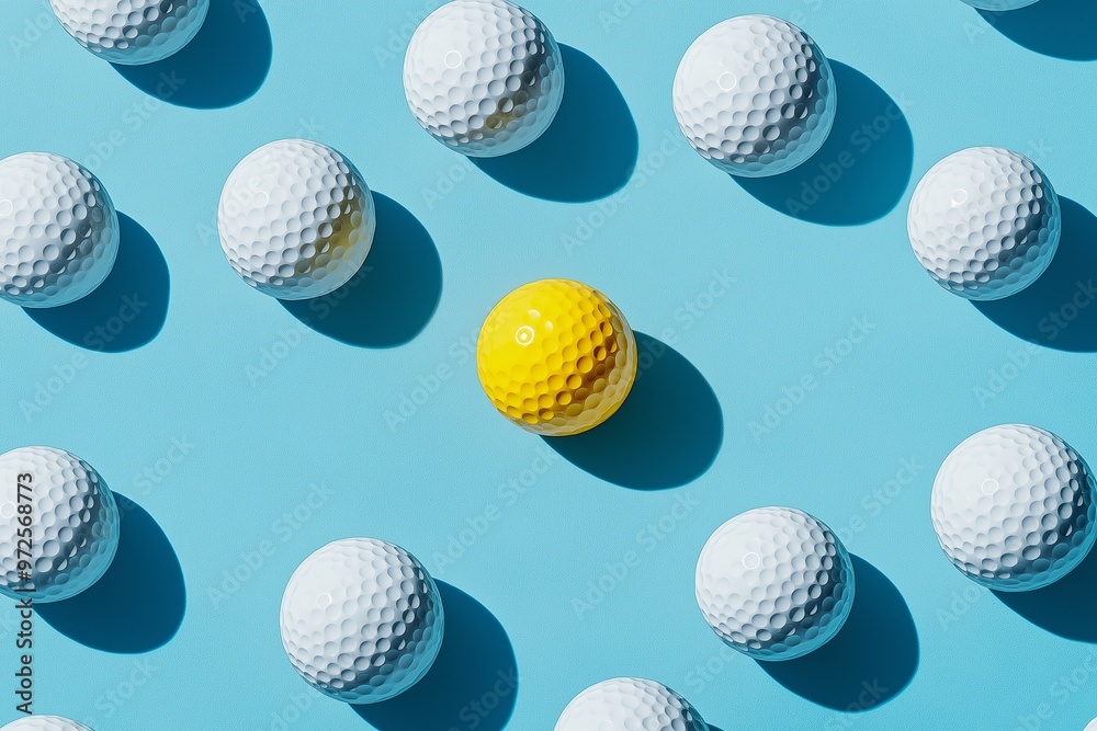 White golf balls and one yellow ball on a blue background 