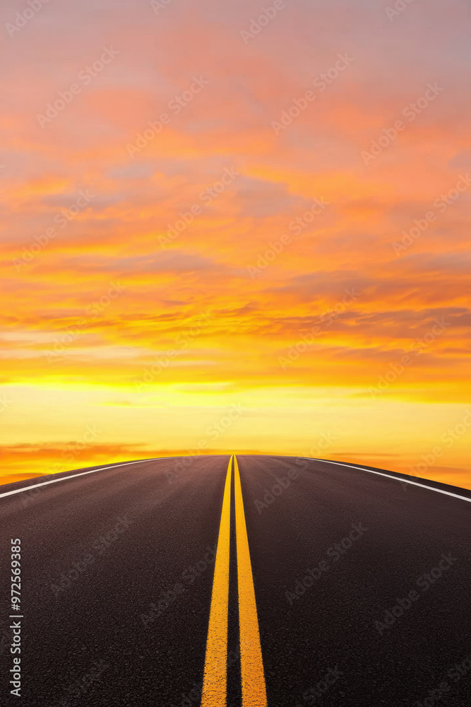 Naklejka premium A scenic view of a long road stretching towards a vibrant sunset, symbolizing journeys and new beginnings.