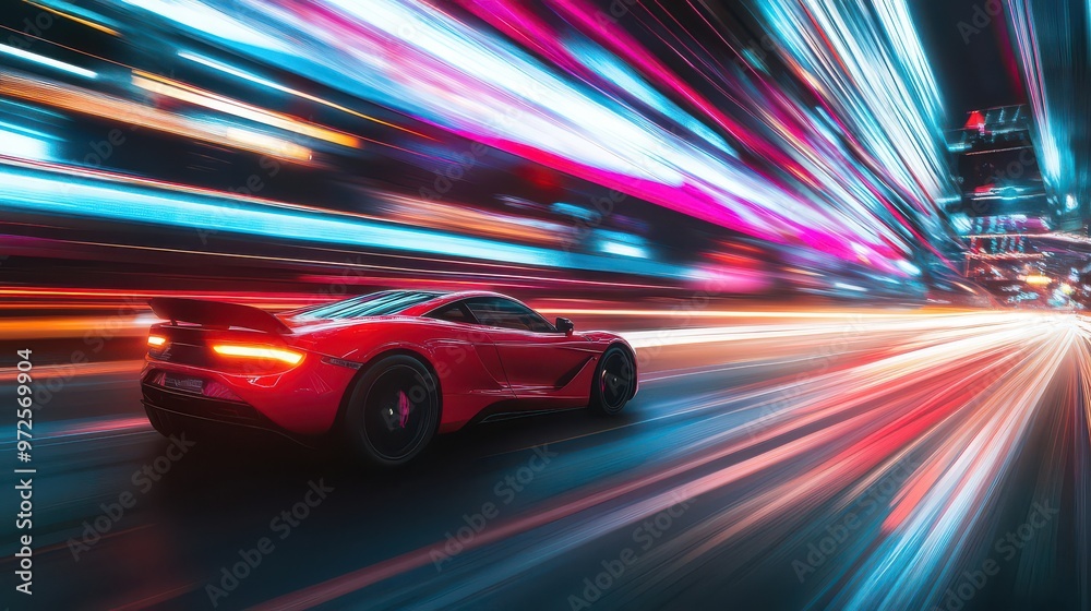 Neon lights blur into streaks as the fast car races through the streets at high speed Neon lights blur into streaks as the fast car races through the streets at high speed